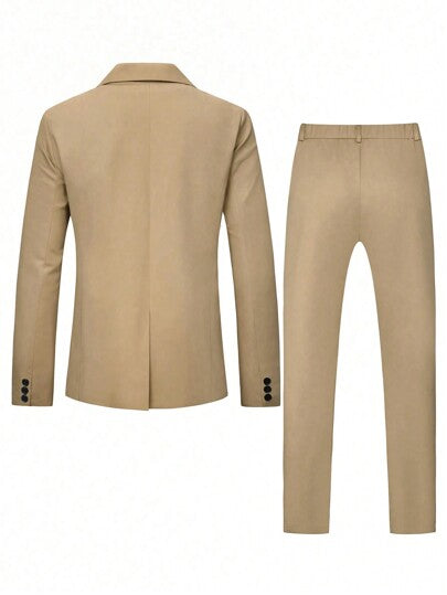 Manfinity Mode بدلة رسمية رجالية بقميص وبنطلون، لون أحادي بأكمام طويلة بسيطة للاستخدام اليومي