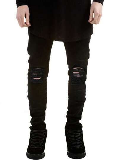 بناطيل جينز مستقيمة للرجال مخربة، بناطيل جينز قطنية مطاطية مخرقة، كاجوال