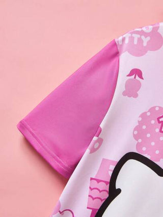 بيجاما HELLO KITTY AND FRIENDS | بيجاما نوم قصيرة الأكمام لفتاة مراهقة أنيقة بطباعة كرتونية وردية, صيفي