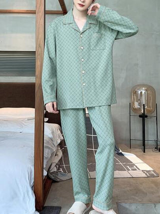 مجموعة ملابس منزلية للرجال بأكمام طويلة مربعة وسروال قصير مسامي وامتصاص للعرق، خريف وربيع