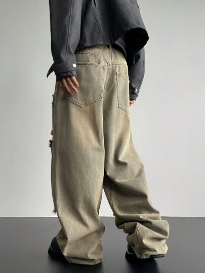 Manfinity EMRG بنطال جينز واسع الساق مخمل برقبة فضفاضة للرجال باللون الأزرق الفاتح، جينز ممزق طويل، هدايا للزوج والصديق