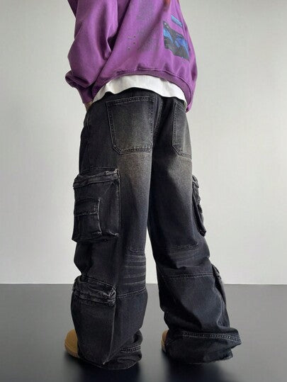 Manfinity EMRG بنطال جينز كارجو فضفاض متعدد الجيوب محترق بغسلة سوداء طراز الشارع الفاخر Y2K للرجال