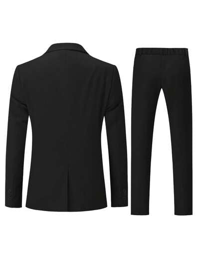 Manfinity Mode بدلة رجالية موسم الربيع/الخريف بلون جامد بسترة بياقة حادة و سراويل بدلة، مجموعة بزي رجالي للسفر و الأعمال