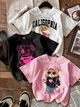 EZwear مجموعة 3 قطع من تيشرتات النساء القصيرة بأكمام قصيرة ذات طبعات كارتونية مبسطة لدب كاليفورنيا، أسلوب كاجوال، للصيف