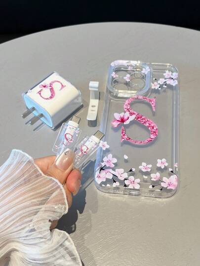 5 قطع/مجموعة تشمل: غطاء هاتف + واقي كابل البيانات , طباعة حرف A-S باللون الوردي , غطاء واقي شاحن سريع, متوافق مع هواتف آيفون 7/8/7p/8p/X/Xs/Xr/Xsmax/11/11pro/11promax/12/12pro/12promax/12MINI/13/13pro/13promax/13MINI/14/14pro/14plus/14promax/15/15pro/15pl