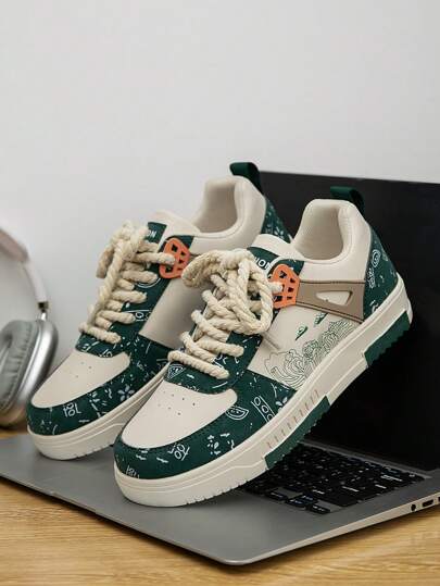 (المقاس صغير) رجالي أحذية رياضية عادية مزينة برسومات جرافيتي عشوائية من نوع ربطة، أحذية رياضية متعددة الاستخدامات للرياضة داخل وخارج المنزل، أحذية للأزواج