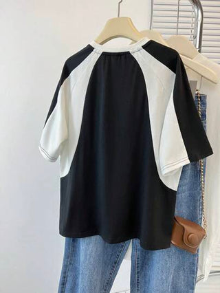 ملابس بناتي تي شيرت T-shirt أكبر من المعتاد بأكمام متباينة رجلان وطباعة شخصية للمراهقات الكاجوال الفضفاض