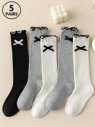 5 أزواج جوارب طويلة للبنات عشوائية الألوان ، طراز كوري للربيع/الصيف، مناسبة للأعمار من 2-3 ، 4-7 ، 8-11 سنة