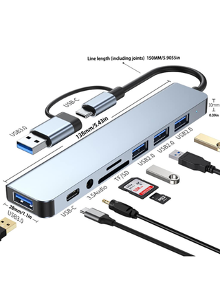مفرع USB C محور USB 3.0، VIENON ألمنيوم 8 في 1 فرع USB مع 1 * USB 3.0 ، 3 * USB 2.0 و 1 * USB C ، قارئ بطاقة SD/TF ، منافذ سماعة رأس/صوت 3.5 مم متوافقة مع MacBook Pro Air و المزيد من أجهزة الكمبيوتر الشخصي/الكمبيوتر المحمول/الأجهزة اللوحية/هواتف Galaxy