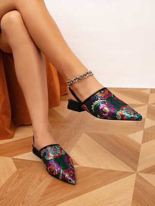 أحذية نسائية شبشب ذو كعب منخفض للربيع والصيف بنقشة مطرزة ، أحذية نسائية