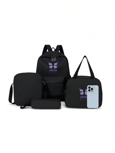 4 قطع مجموعة حقيبة مدرسية بسيطة عصرية وجميلة، تشمل : حقيبة ظهر، حقيبة يد، حقيبة عبر الجسم، قلم، حقيبة ظهر بسعة كبيرة مع حجرة للكمبيوتر المحمول، طبعة بنمط فراشة ملون على قماش نايلون عالي الجودة، قابلة للتعديل والماء ومتعددة الجيوب، خفيفة وقابلة للحمل، مثال