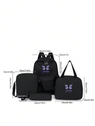 4 قطع مجموعة حقيبة مدرسية بسيطة عصرية وجميلة، تشمل : حقيبة ظهر، حقيبة يد، حقيبة عبر الجسم، قلم، حقيبة ظهر بسعة كبيرة مع حجرة للكمبيوتر المحمول، طبعة بنمط فراشة ملون على قماش نايلون عالي الجودة، قابلة للتعديل والماء ومتعددة الجيوب، خفيفة وقابلة للحمل، مثال