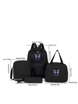 4 قطع مجموعة حقيبة مدرسية بسيطة عصرية وجميلة، تشمل : حقيبة ظهر، حقيبة يد، حقيبة عبر الجسم، قلم، حقيبة ظهر بسعة كبيرة مع حجرة للكمبيوتر المحمول، طبعة بنمط فراشة ملون على قماش نايلون عالي الجودة، قابلة للتعديل والماء ومتعددة الجيوب، خفيفة وقابلة للحمل، مثال