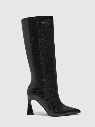 CUCCOO SZL بوت نسائية عريضة بنمط تمساح أسود أنيقة برقبة مرتفعة عالية الكعب بأصابع مدببة مناسبة لحفلات الهالوين والخريف والعطلات الشتوية كعيد الميلاد ورأس السنة