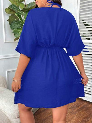 Swim Lushoire فستان تغطية لون سادة عميق الياقة على شكل V وأكمام نصف طويلة وفتحات للحجم الكبير في الصيف