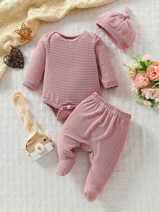 SHEIN طقم الملابس المرتاحة للاطفال البنات 3قطع: رومبير طويلة الأكمام باللون الأحادي، بنطلون وقبعة