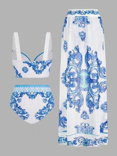 Swim Oasis طقم بيكيني صيفي مكون من سترة حمالة بدون ظهر وشورت ملائم, وبنطلون بسحاب خصر طول كامل بطباعة كاملة