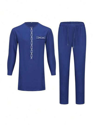 مجموعة كفتان جديدة للرجال 2024 ، طقم رجالي بعنق دائري أزرق ، مثير وعصري بأكمام قصيرة وأقمشة مريحة ، بستايل الداشيكي التقليدي