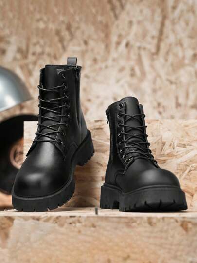 بوت عمل قابلة للتغيير عالية الكاحل باللون الأسود، بوت رياضية كاجوال جديدة للرجال مناسبة للخريف والشتاء، تنسق مع السترة