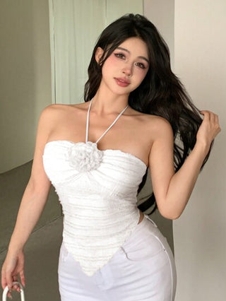 DAZY ملابس علوية نسائية عنقها بثلاثة أبعاد مزخرفة بالأزهار عديمة الأكمام ذات ذيل غير متماثل لفصل الصيف