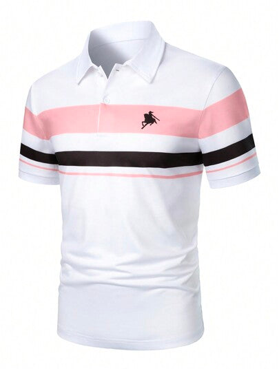 Manfinity Mode قميص بولو برقبة ذو أكمام قصيرة للرجال، قميص صيفي كاجوال للأعمال محفور بطبعة ملونة راقية، مطرز بشعار الفروسية ذو أكمام قصيرة ورقبة بولو ،مناسب للزوج والخروج