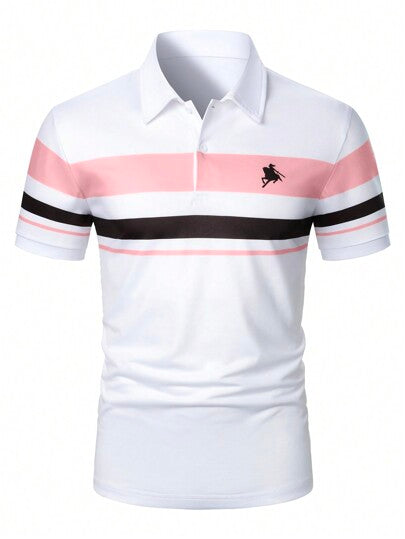 Manfinity Mode قميص بولو برقبة ذو أكمام قصيرة للرجال، قميص صيفي كاجوال للأعمال محفور بطبعة ملونة راقية، مطرز بشعار الفروسية ذو أكمام قصيرة ورقبة بولو ،مناسب للزوج والخروج