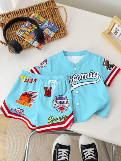 طقم رياضي صيفي لطفل ولد، 2 قطعة سترة صغيرة بأكمام قصيرة وطباعة حرفية ذات لون متباين وشورت