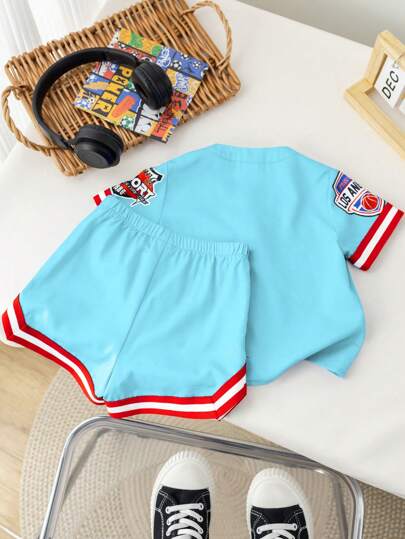 طقم رياضي صيفي لطفل ولد، 2 قطعة سترة صغيرة بأكمام قصيرة وطباعة حرفية ذات لون متباين وشورت