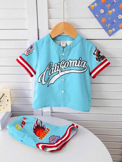 طقم رياضي صيفي لطفل ولد، 2 قطعة سترة صغيرة بأكمام قصيرة وطباعة حرفية ذات لون متباين وشورت