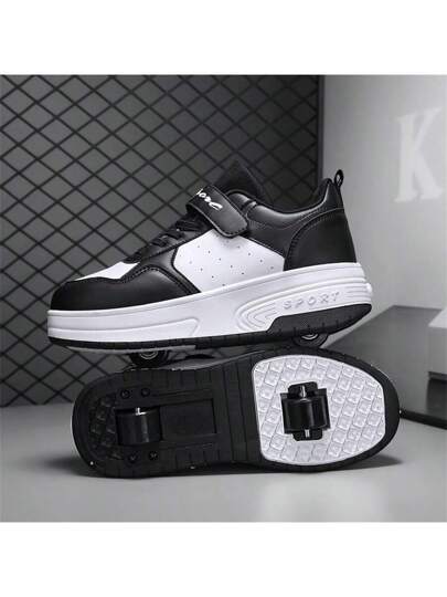 زوج من أحذية المشي ذات العجلتين للمراهقين للطلاب والبالغين مع عجلات خلفية قابلة للانكماش للأزواج، أحذية رياضية أنيقة وقابلة للتهوية ذات رقبة منخفضة، أحذية رجالية ونسائية للتزلج الخارجي ذات عجلتين