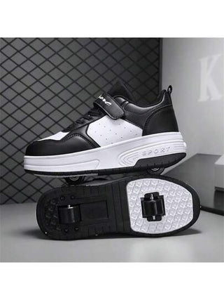 زوج من أحذية المشي ذات العجلتين للمراهقين للطلاب والبالغين مع عجلات خلفية قابلة للانكماش للأزواج، أحذية رياضية أنيقة وقابلة للتهوية ذات رقبة منخفضة، أحذية رجالية ونسائية للتزلج الخارجي ذات عجلتين