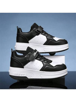 زوج من أحذية المشي ذات العجلتين للمراهقين للطلاب والبالغين مع عجلات خلفية قابلة للانكماش للأزواج، أحذية رياضية أنيقة وقابلة للتهوية ذات رقبة منخفضة، أحذية رجالية ونسائية للتزلج الخارجي ذات عجلتين