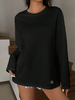 EZwear تيشيرت قصير مناسب بياقة عقدة ولون واحد، أسود بأكمام طويلة