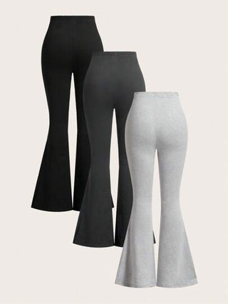 EZwear بنطلون نسائي بخصر عالي ذو تصميم ضيق وواسع عند القدم لون سادة 3 قطع، مناسب للصيف والخريف