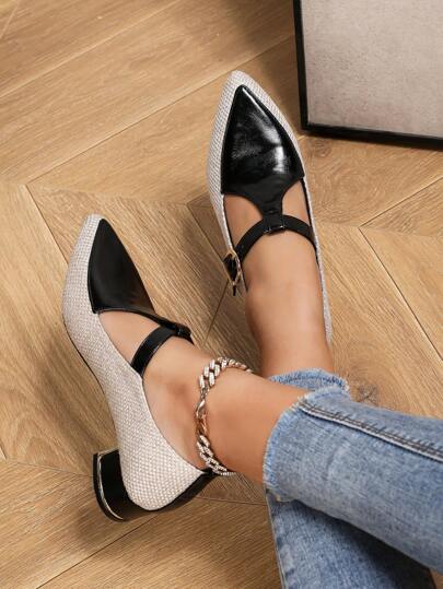 أحذية أوكسفورد حريمي حذاء أكسفورد ماري جين للنساء ذو كعب سميك معدني مدبب الأصبع، حذاء شقة شكل تي كاجوال لوري للعمل