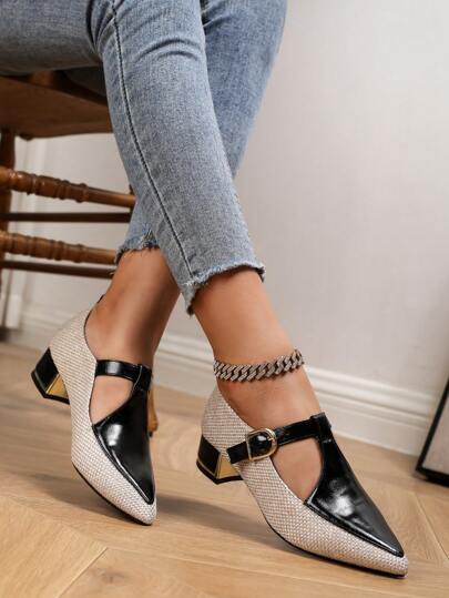 أحذية أوكسفورد حريمي حذاء أكسفورد ماري جين للنساء ذو كعب سميك معدني مدبب الأصبع، حذاء شقة شكل تي كاجوال لوري للعمل