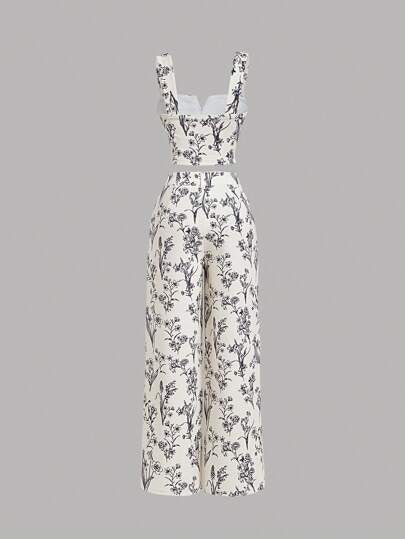 SHEIN MOD بدلة مناسبة للنساء مكونة من سترة كامي ذات طبعة زهرية عتيقة وبنطال واسع الساق، للاستخدام الرسمي في العمل أو الكاجوال في العطلات والرحلات البحرية ، أناقة التسعينيات