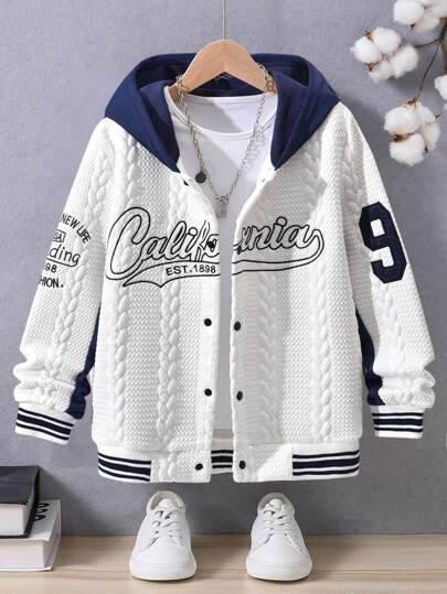 SHEIN جاكيت بيسبول قطنية بقلنسوة للأولاد المراهقين، معطف رياضي كاجوال، خريف/شتاء