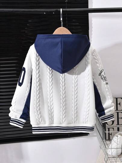 SHEIN جاكيت بيسبول قطنية بقلنسوة للأولاد المراهقين، معطف رياضي كاجوال، خريف/شتاء