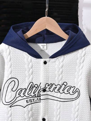 SHEIN جاكيت بيسبول قطنية بقلنسوة للأولاد المراهقين، معطف رياضي كاجوال، خريف/شتاء