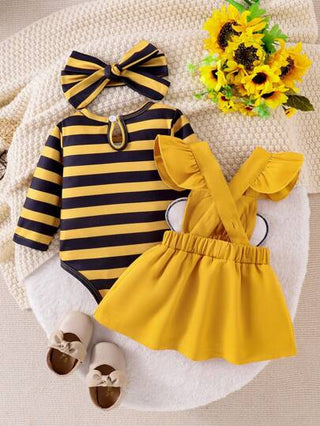 فساتين بيبي Persoplay Kids طقم بيبي جيرلز يتكوّن من ملابس علوية بأكمام طويلة مخطط بنمط النحلة + بنطلون ترهيم رسمي بنمط النحلة