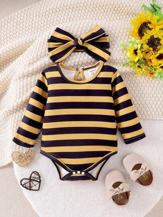 فساتين بيبي Persoplay Kids طقم بيبي جيرلز يتكوّن من ملابس علوية بأكمام طويلة مخطط بنمط النحلة + بنطلون ترهيم رسمي بنمط النحلة