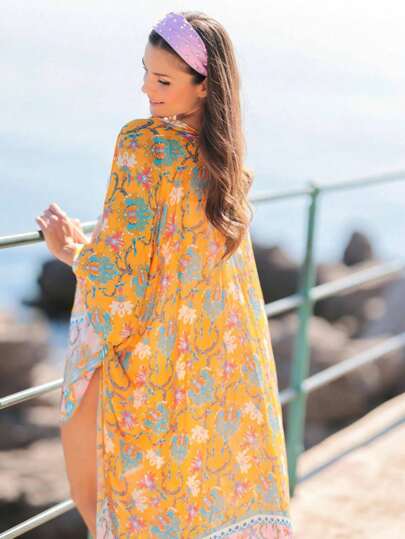 Beautiful Nomad كيمونو طويل الأكمام مطبوع بأكمله بطراز بوهيمي أنيق، ستر للنساء