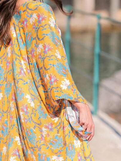 Beautiful Nomad كيمونو طويل الأكمام مطبوع بأكمله بطراز بوهيمي أنيق، ستر للنساء