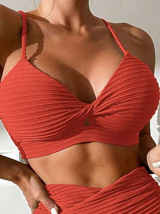 Swim Basics مجموعة بكيني لون أحادي ذات نسيج متقن مع وصلة أمامية مجدولة وأعلى وأسفل، بدلة السباحة صيفية