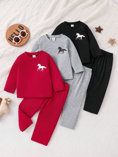 Vintaside Kids طقم بدلة بناطيل وسترة طويلة الأكمام للأطفال الرضع الصبيان، متوفرة باللون الأسود/الأحمر/الرمادي، بطبعات خيل أمامية، عصري للخروج والاستخدام المنزلي والترفيه والحفلات