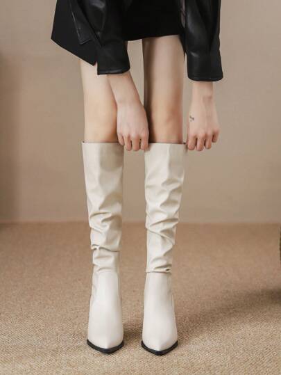 الأحذية النسائية الجديدة ذات الأصابع المدببة والمطوية الطويلة حتى الفخذ ، الأحذية الطويلة الممشوقة ذات الكعب العالي للخريف والشتاء