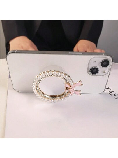 قطعة واحدة من حامل هاتف ملتصق مرصّع باللؤلؤ في شكل فيونكة مع مرآة - قاعدة عالمية مرنة للمكياج والهواتف الذكية متوافقة مع ايفون و أجهزة الأندرويد ، هدية لأعياد الميلاد ، العائلة ، الأصدقاء ، مقبض هاتف قابل للضغط والسحب ، حامل هاتف ، اكسسوارات الهاتف