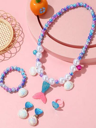 طقم مجوهرات للأطفال 5 قطع/طقم، عقد وسوار وأقراط وخاتم محلى بالخرز بتصميم أميرة، هدية أميرة البحر، مناسب للفتيات، هدية حفلة عيد الميلاد وهدية عطلة