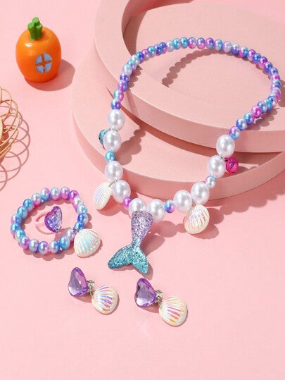 طقم مجوهرات للأطفال 5 قطع/طقم، عقد وسوار وأقراط وخاتم محلى بالخرز بتصميم أميرة، هدية أميرة البحر، مناسب للفتيات، هدية حفلة عيد الميلاد وهدية عطلة